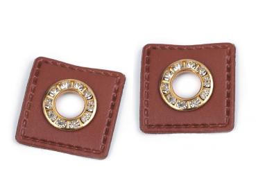 Ösenpatch mit Strass-Steinchen 30x30 mm Braun/Gold, Lochdurchmesser 8 mm 